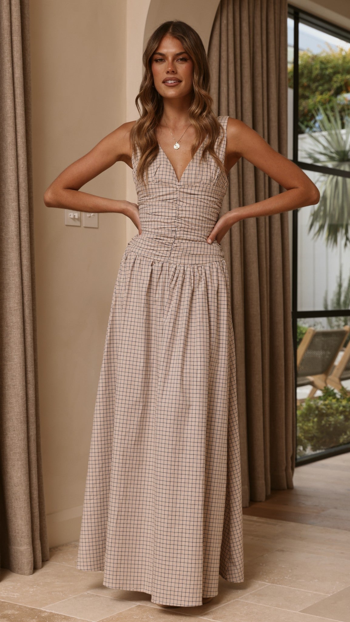 Sanya Maxi Dress - Beige Check