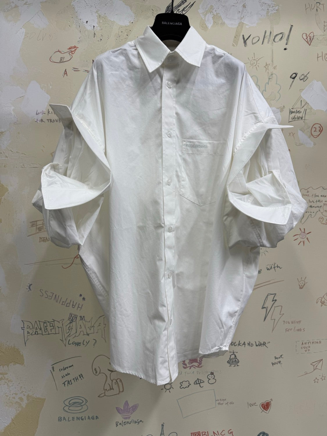 Balenciaga Men's Women's Spring Summer Autumn Lapel Fit White Cotton Poplin Round Hem Folded Sleeve Shirt Ngvp #1399