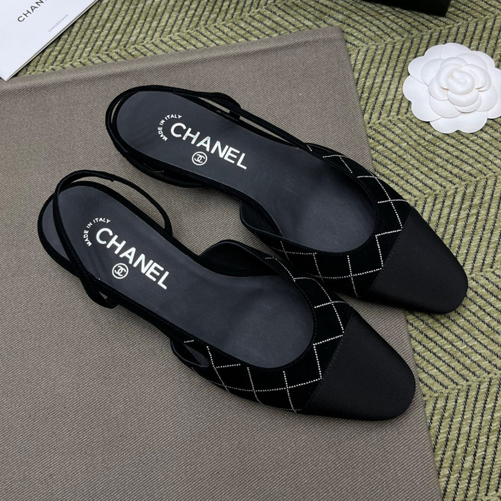 Chanel Women's Checkered Rhinestone Suede Cowhide Solid Color Chunky Heel High Heel Sandals Slingbacks Flat Shoes Spring. Summer. And Fall Casual Shoes Ngvp #2143