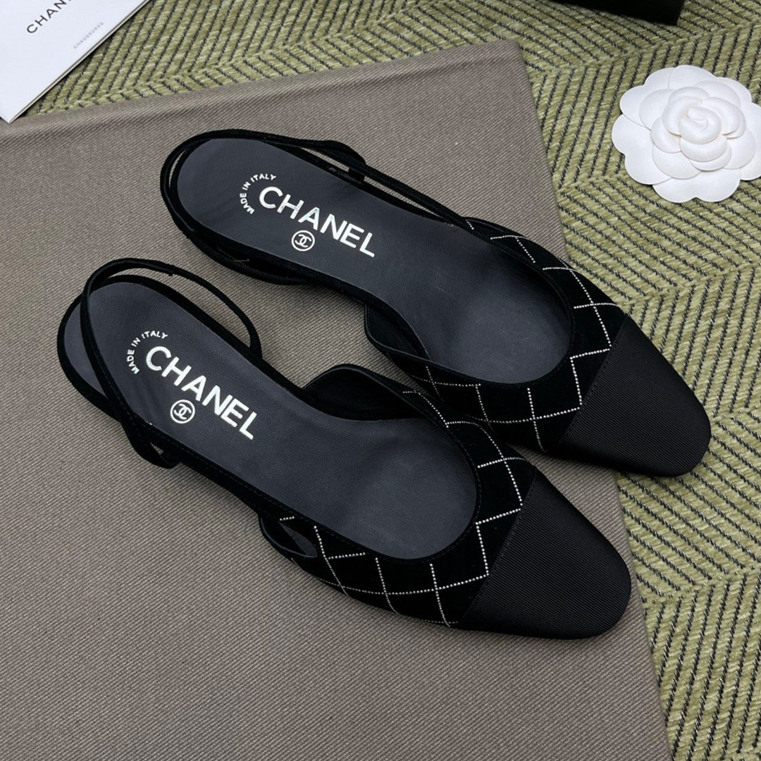 Chanel Women's Checkered Rhinestone Suede Cowhide Solid Color Chunky Heel High Heel Sandals Slingbacks Flat Shoes Spring. Summer. And Fall Casual Shoes Ngvp #2143