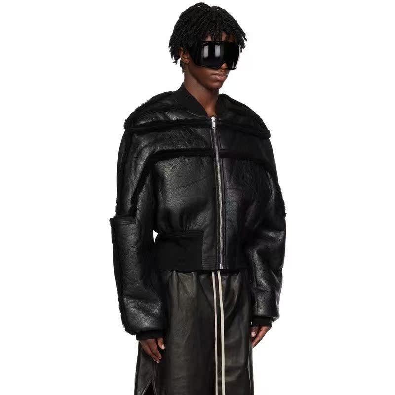 Rick Owens Ro Fur One Autumn And Winter New Fashion Splicing Leather Jacket Coat High Street Trend Hip Hop Dark Style Warm Coat Ngvp #9719