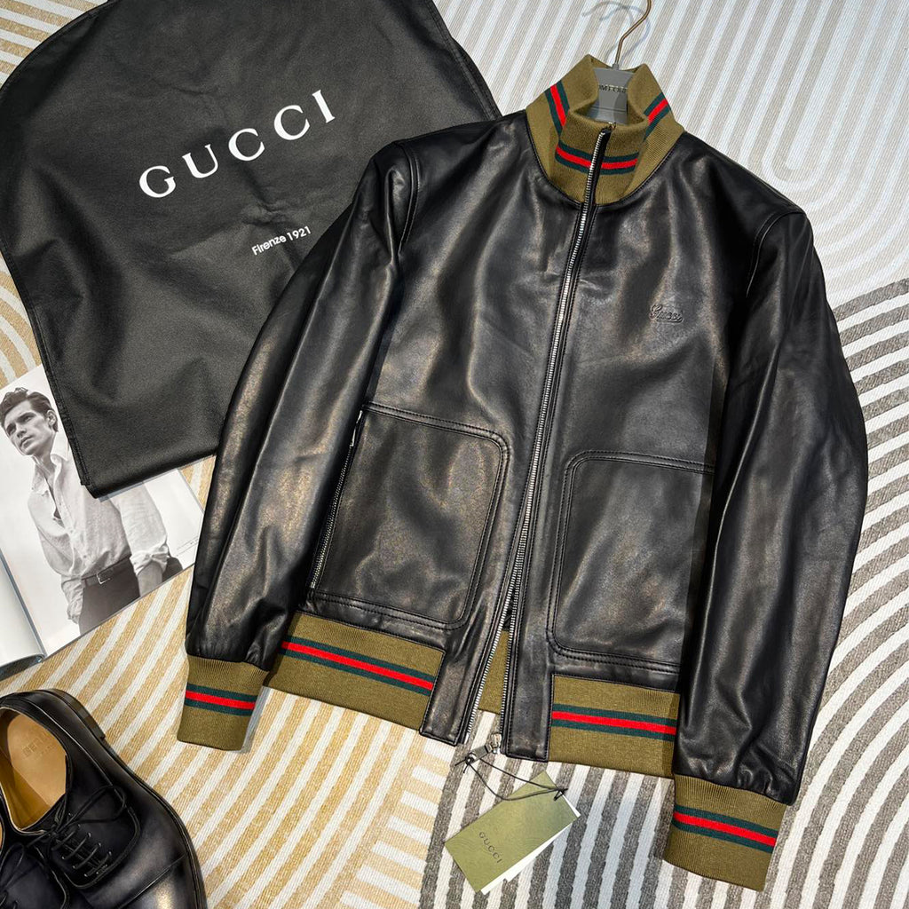 Gucci Men's Spring And Autumn Striped Standing Collar Solid Color Long Sleeve Leather Jacket Coat #99961