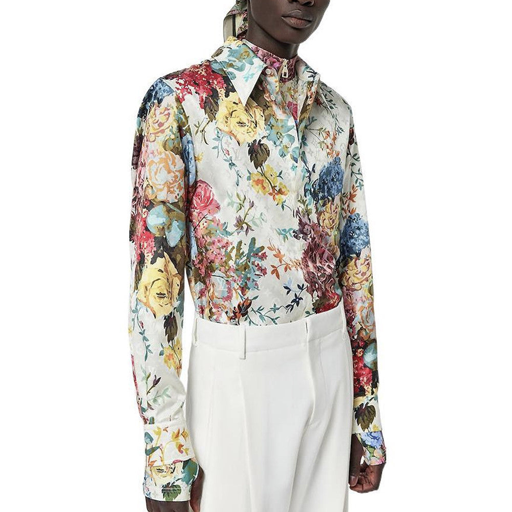 Louis Vuitton Men's Summer White Floral Print Single Breasted Silk Long Sleeve Shirt #97791
