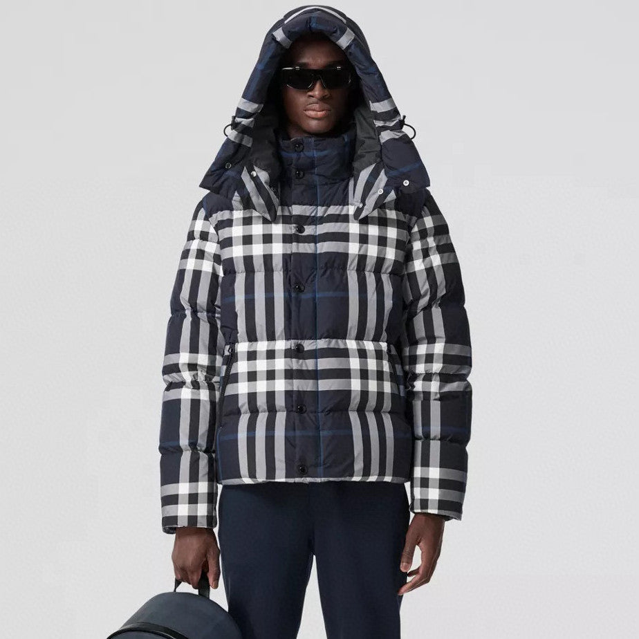 Burberry Men's Winter Fashion Casual High Tie Hood Windproof Single Breasted Detachable Hood Night Color Plaid Down Jacket #79373