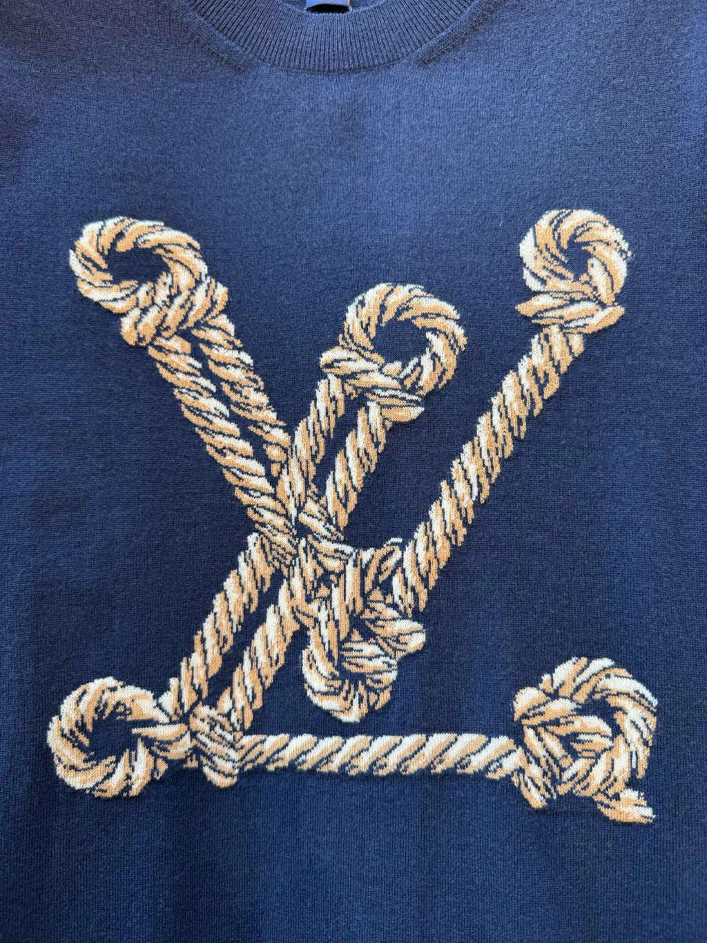 Louis Vuitton Women's Spring And Summer Nautical Series Blue Knitted T-shirt Fashion Trend Jacquard Casual Round Neck Top #81629