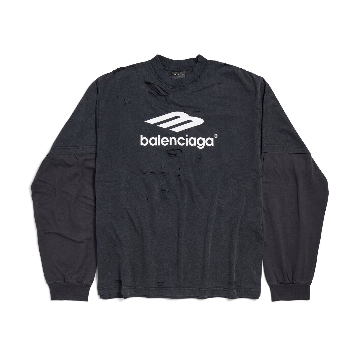 Balenciaga Men's Spring Summer 3B Sport Icon Black and Washed Black Destroyed Vintage Plain Knit Medium Fit Layered T-Shirt #75966