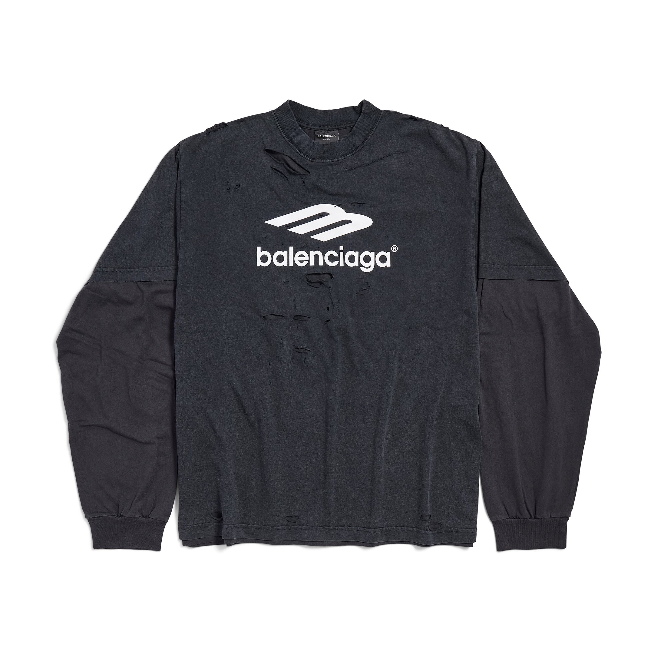 Balenciaga Men's Spring Summer 3B Sport Icon Black and Washed Black Destroyed Vintage Plain Knit Medium Fit Layered T-Shirt #75966