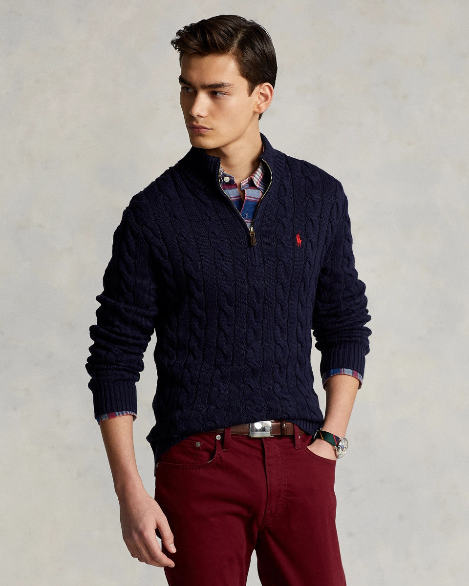 Ralph Lauren Men's Spring/Fall/Winter Half-Zip Stand Collar Logo Embroidered Solid Color Cable-Knit Long-Sleeve Sweater #81536