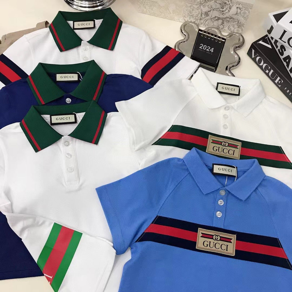 Gucci Kid's Summer Solid Color Striped Cotton Webbing Straight Short Sleeve Fitted Polo Shirt #31274