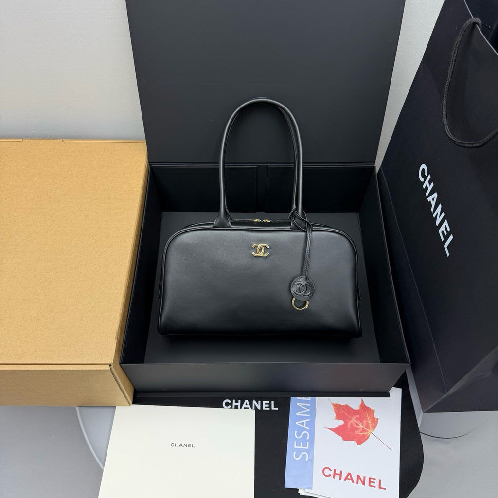 CHANEL Large Bowling Bag Calfskin Gold-tone Metal Black #383866