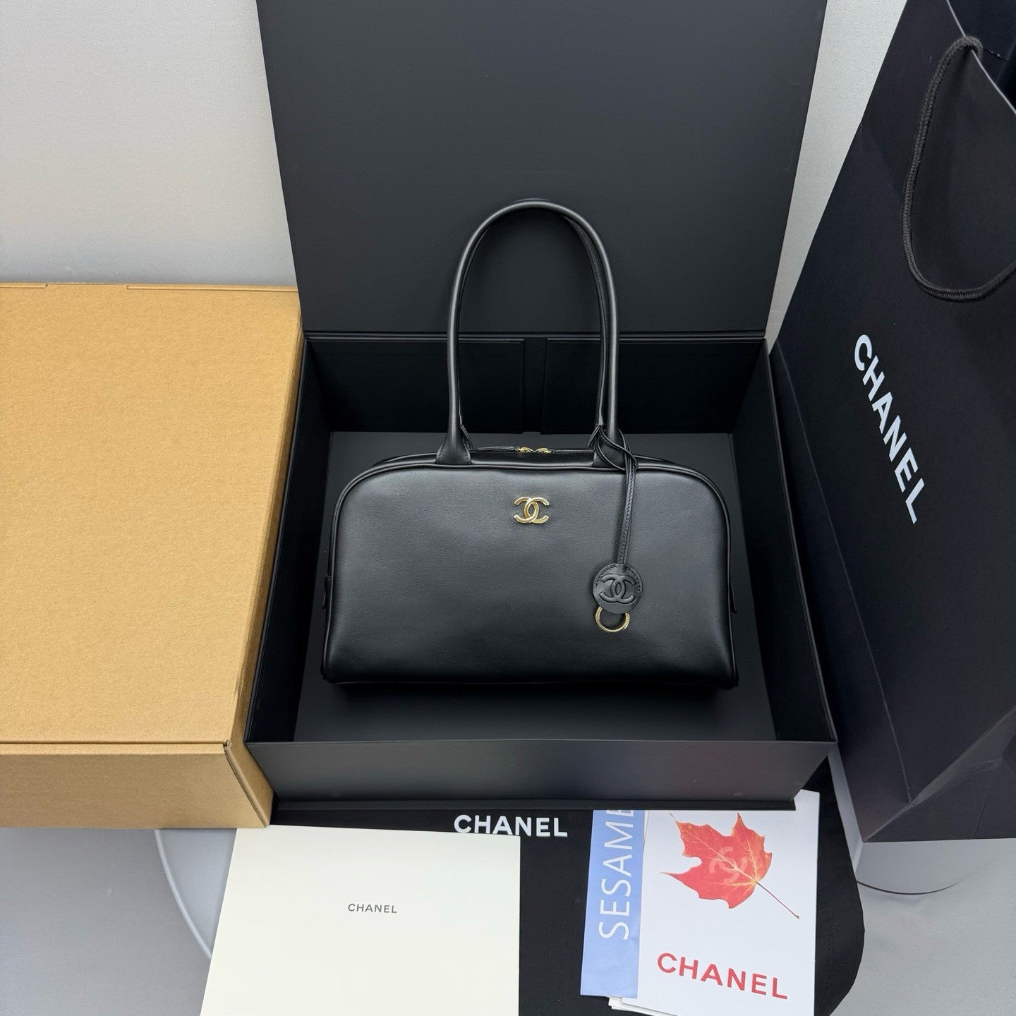 CHANEL Large Bowling Bag Calfskin Gold-tone Metal Black #383866