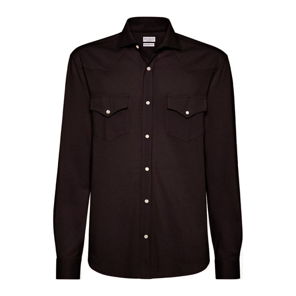 Brunello Cucinelli Men's Spring And Fall Cotton Lapel Solid Color Single-Breasted Chest Pocket Long Sleeve Fitted Shirt Ngvp #1557