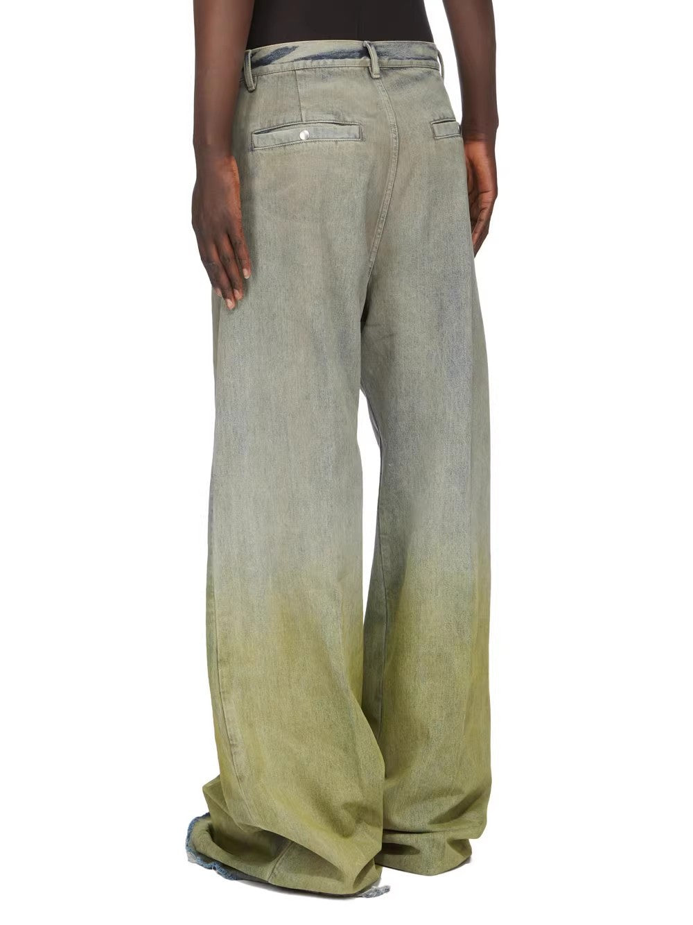 Rick Owens Men's Women's Four Seasons Gradient Yellow Green Washed Vintage Hole Breaking Wide Leg Denim Long Pants Ngvp #8192