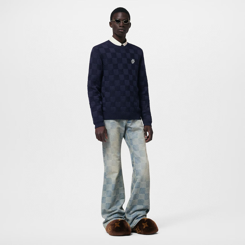Louis Vuitton Men's Spring and Autumn Letter Embroidery Blue Crew Neck Casual Pullover Wool Sweater #98436