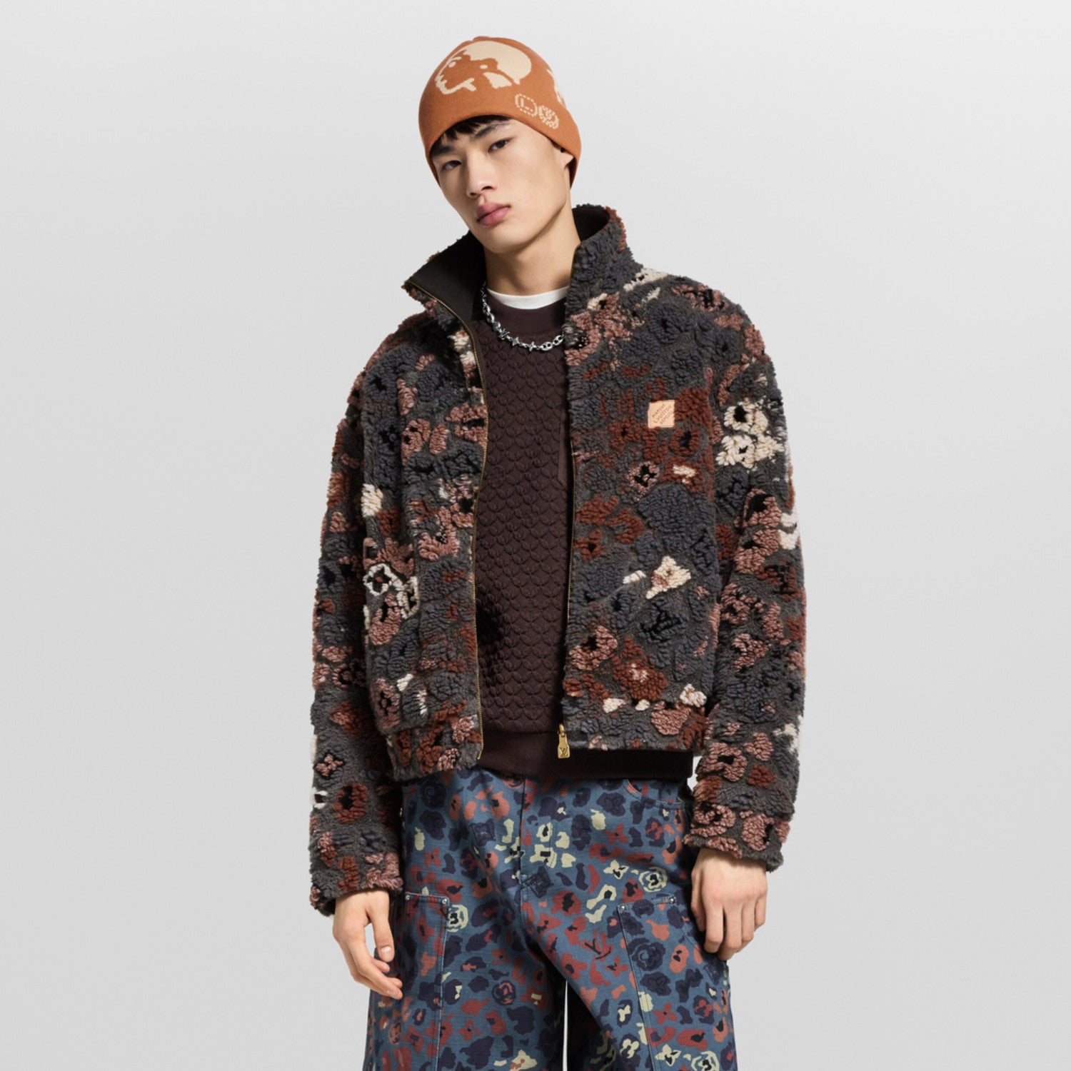 Louis Vuitton Men's And Women's Fall/Winter Fashion Casual High Neck Zipper Jacquard Suede Reversible Drawstring Waist Belt Jacket #78863