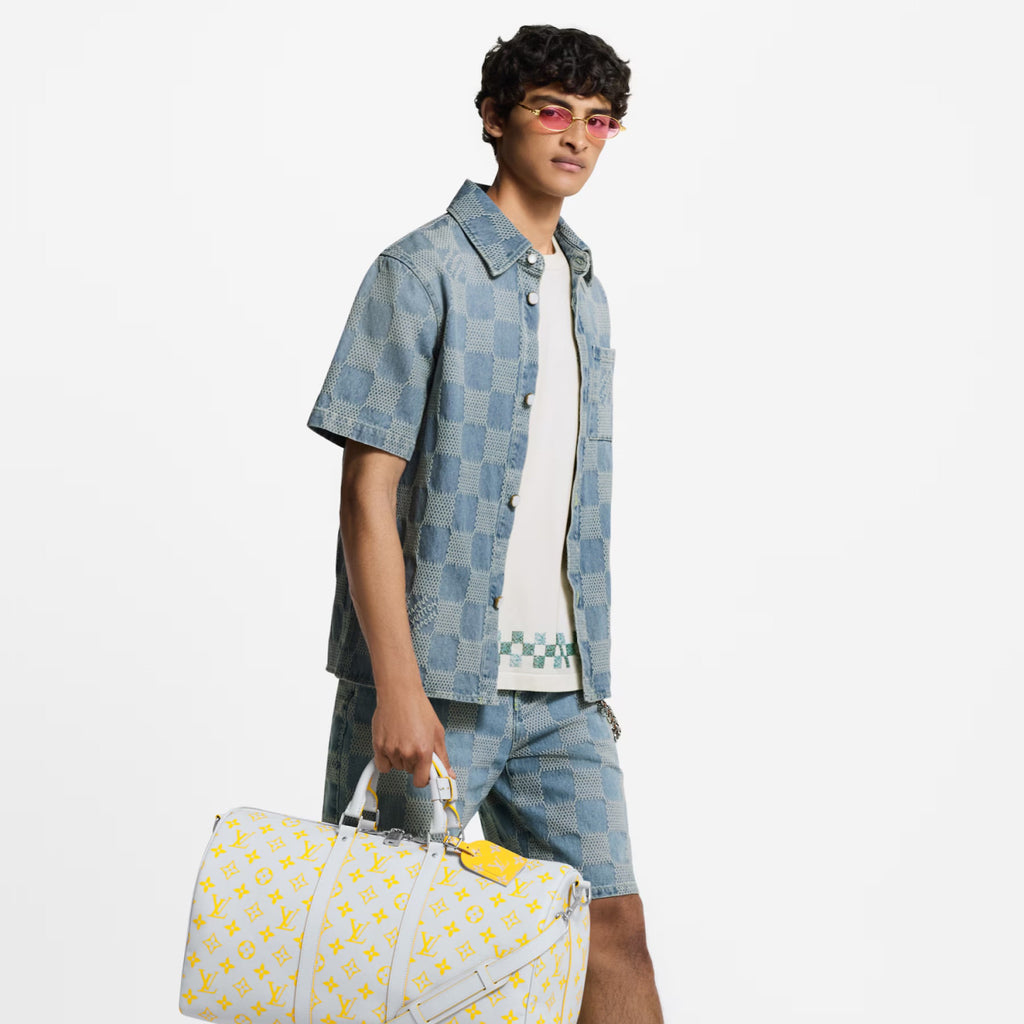 Louis Vuitton Men's Summer Blue Logo Printed Lapel Single Breasted Denim Short Sleeve Shirt Straight Jeans Shorts Set Suit #76984