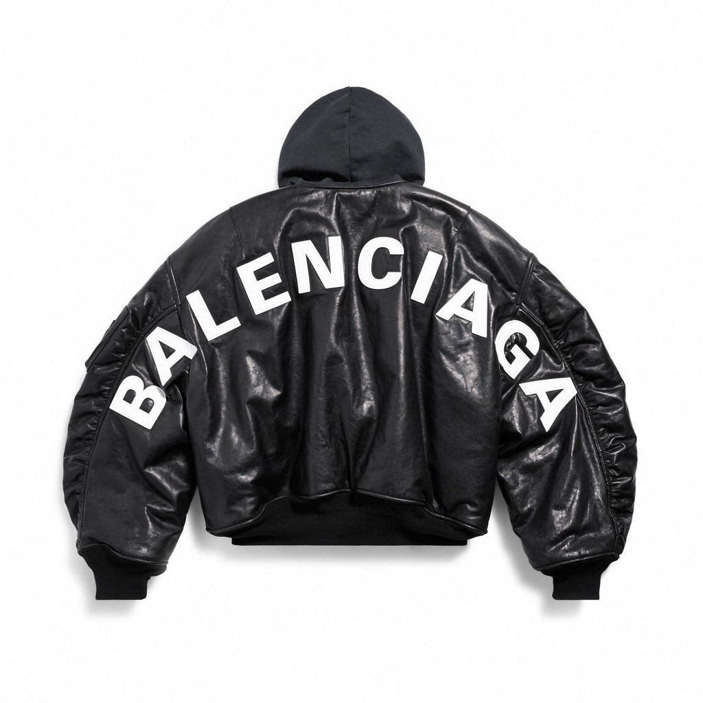 Balenciaga Men's Fall/Winter Black Letter Print Hooded Drop Shoulder Long Sleeve Zipper Leather Jacket #72777