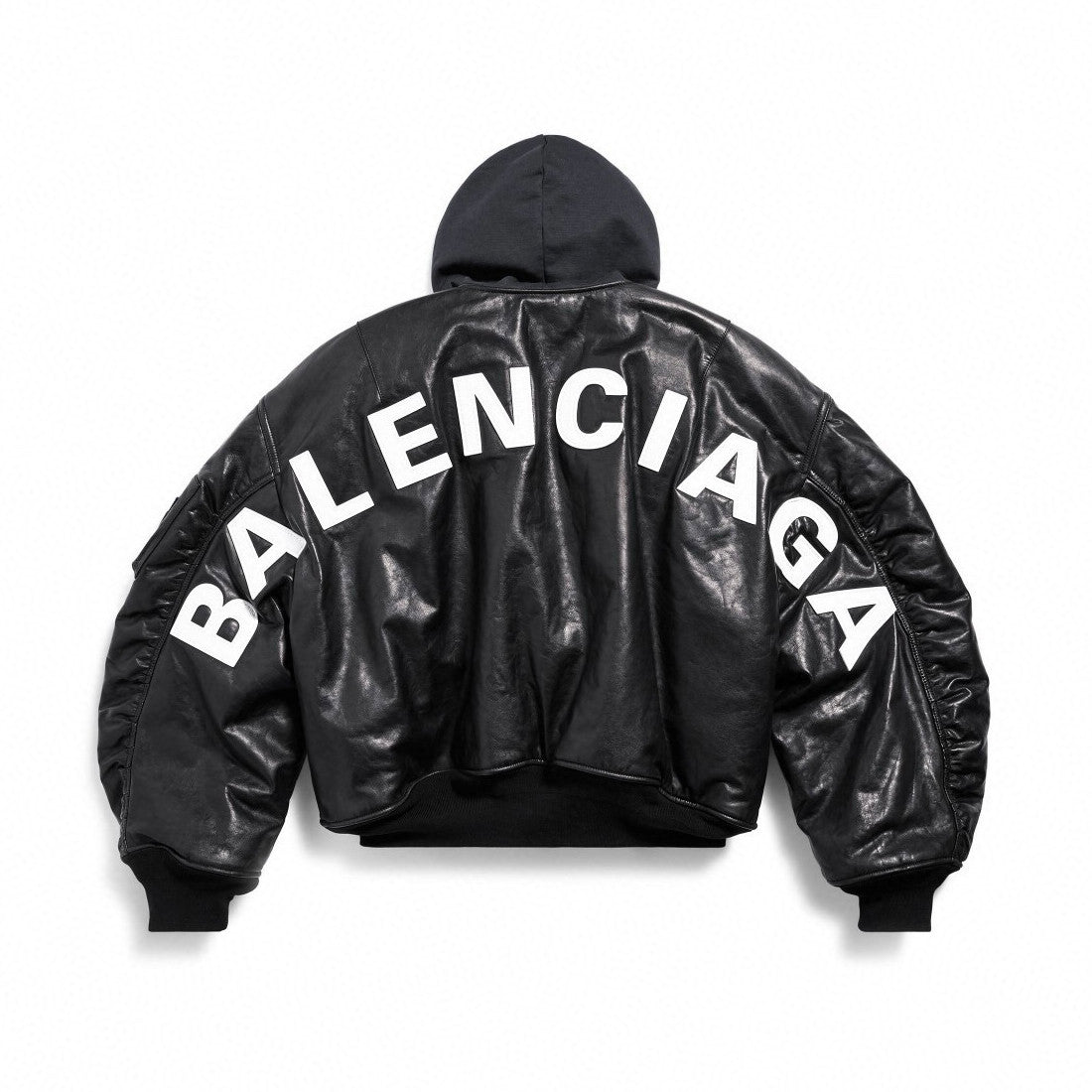 Balenciaga Men's Fall/Winter Black Letter Print Hooded Drop Shoulder Long Sleeve Zipper Leather Jacket #72777