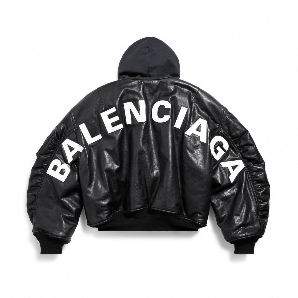 Balenciaga Men's Fall/Winter Black Letter Print Hooded Drop Shoulder Long Sleeve Zipper Leather Jacket #72777
