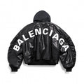 Balenciaga Men's Fall/Winter Black Letter Print Hooded Drop Shoulder Long Sleeve Zipper Leather Jacket #72777