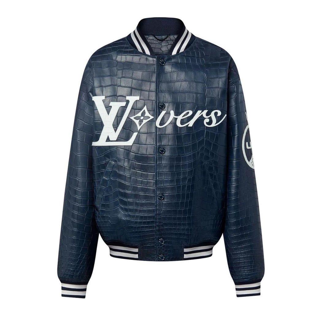 Louis Vuitton Men's Fall And Winter Navy Blue Lambskin Embossed Crocodile Leather Pattern Zipper Baseball Jacket #98618