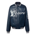 Louis Vuitton Men's Fall And Winter Navy Blue Lambskin Embossed Crocodile Leather Pattern Zipper Baseball Jacket #98618