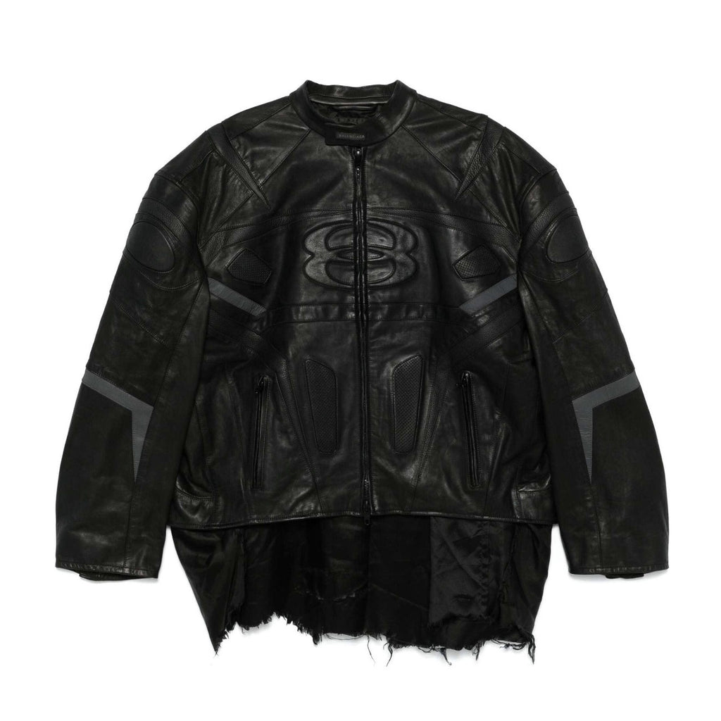Balenciaga Men's Fall And Winter Black Round Neck Zipper Closure Regular Fit Long Sleeve Leather Jacket #73673