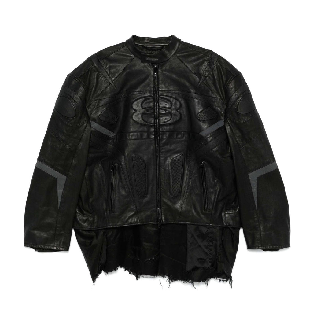 Balenciaga Men's Fall And Winter Black Round Neck Zipper Closure Regular Fit Long Sleeve Leather Jacket #73673