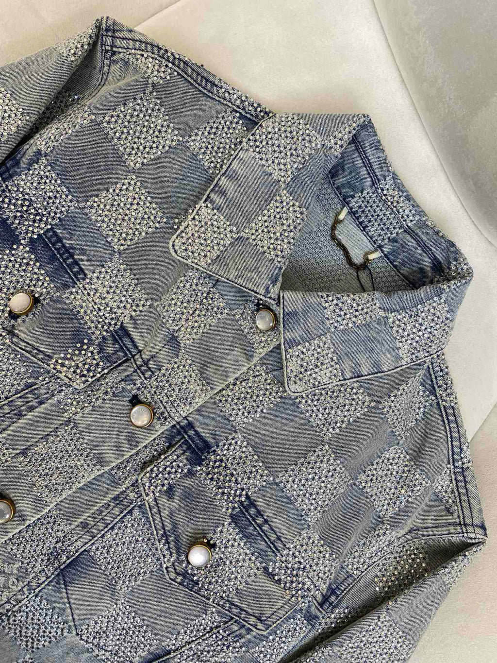 Louis Vuitton Men's Spring And Autumn Checkerboard  Print Jacquard Crystal Decoration Single Breasted Long Sleeved Denim Jacket Casual Jeans Pants Suit Set #75273