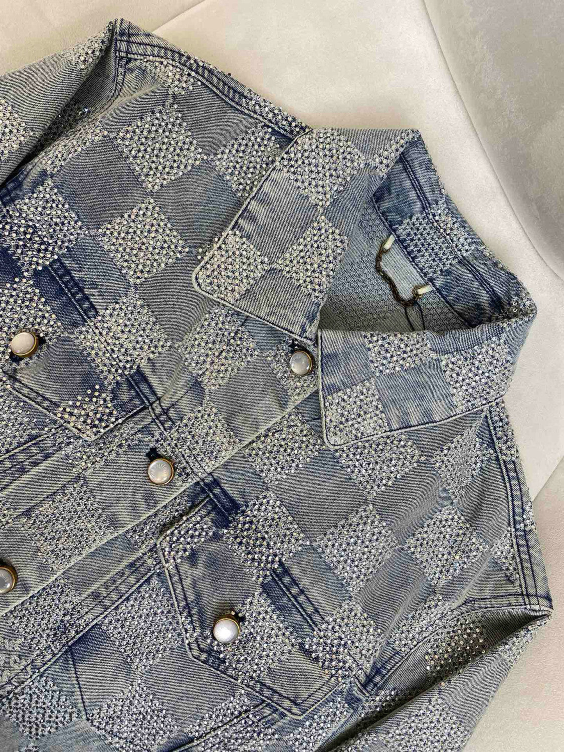 Louis Vuitton Men's Spring And Autumn Checkerboard  Print Jacquard Crystal Decoration Single Breasted Long Sleeved Denim Jacket Casual Jeans Pants Suit Set #75273