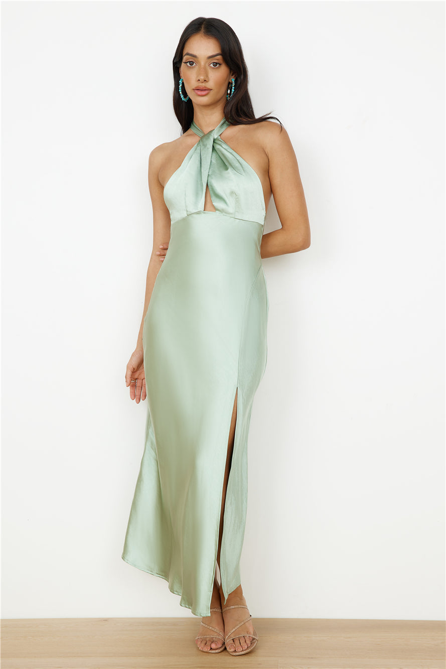 In My Feelings Satin Maxi Dress Sage