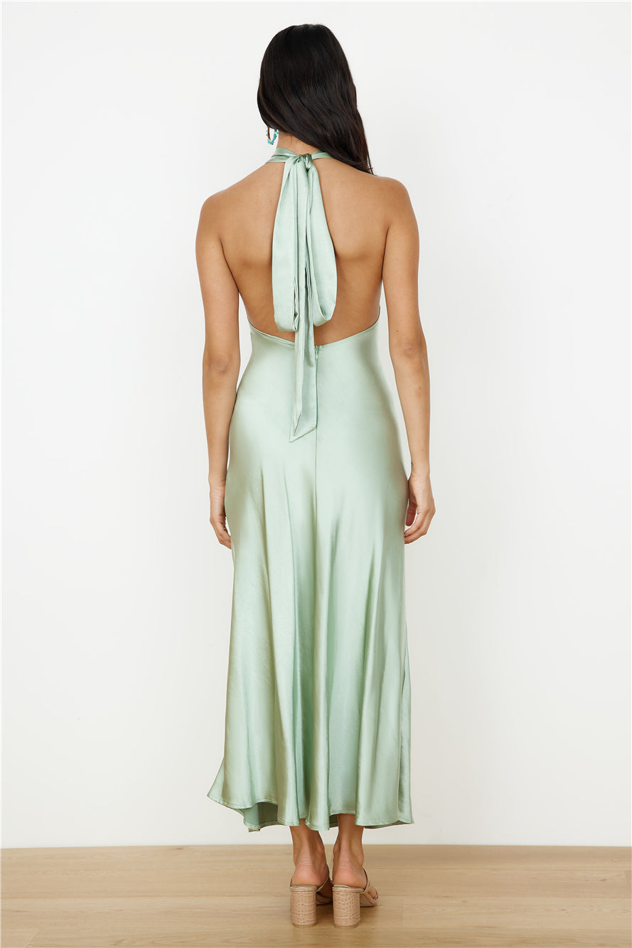 In My Feelings Satin Maxi Dress Sage