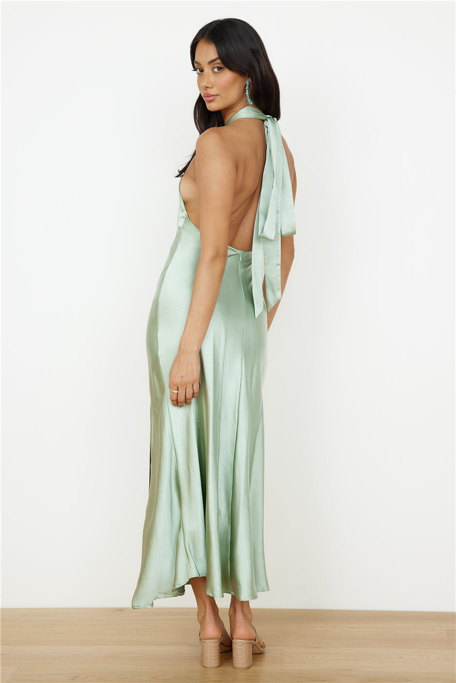 In My Feelings Satin Maxi Dress Sage