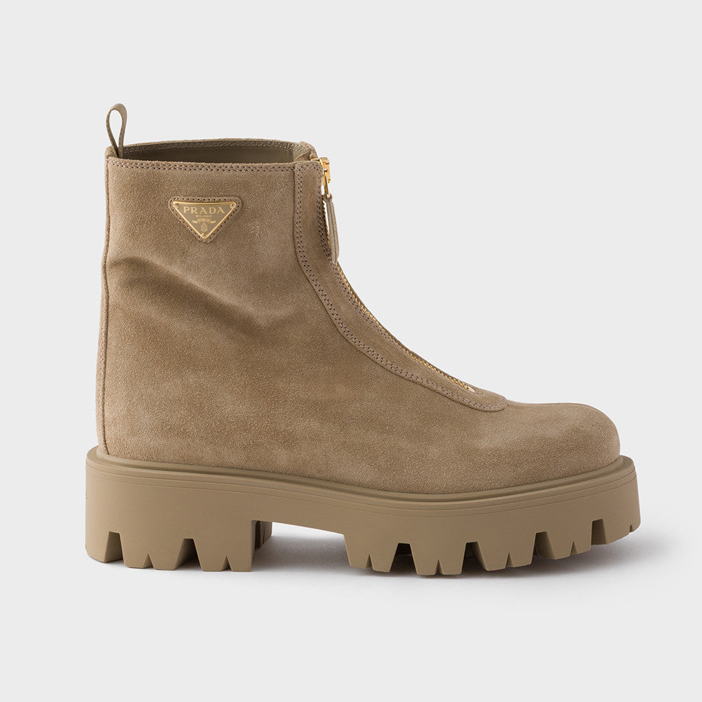 PRADA  Desert Yellow Suede Booties with Zip Classic Triangle Logo British Style Retro Short Boots Cow Suede #330178
