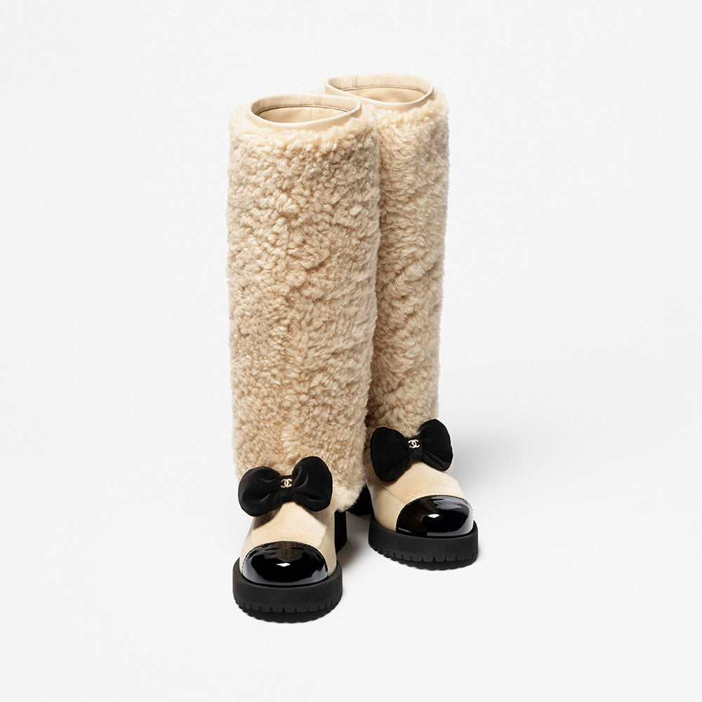Chanel High Boots Shearling Lambskin Calfskin Lambskin Patent Calfskin Beige Black #334245
