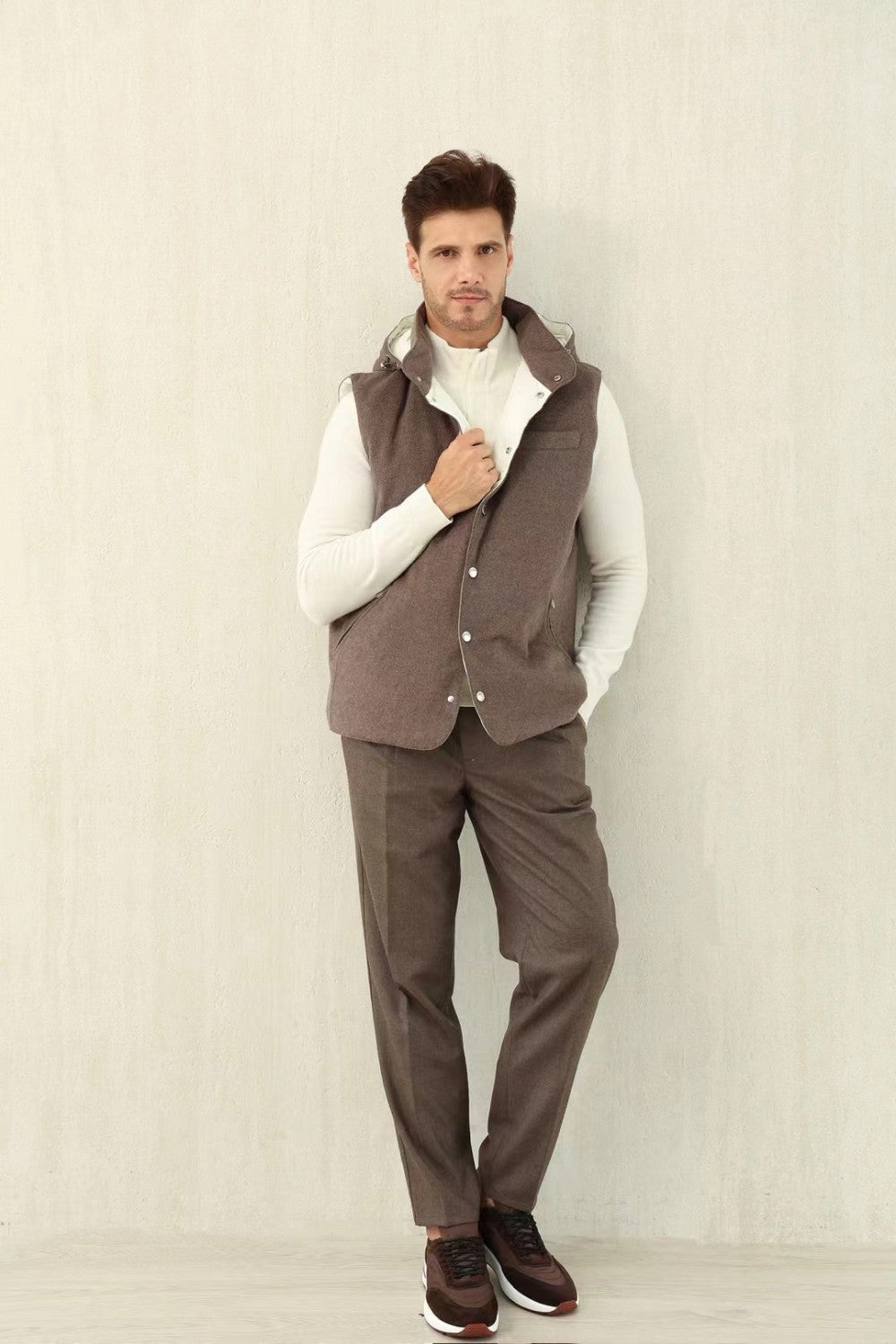 Brunello Cucinelli Men's Spring/Autumn Detachable Hooded Solid Color Single-Breasted Bonded Wool Flannel Down Vest Ngvp #2293
