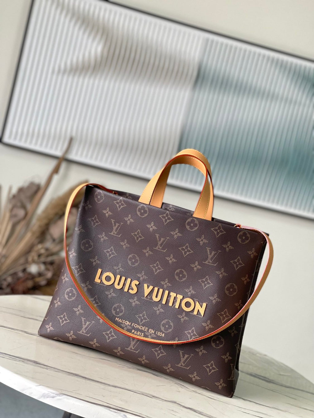 Louis Vuitton Men's Brown Classic Vintage Adjustable Shoulder Strap Embroidered Letter Print Tote Bag - Premium Coated Canvas Leather Bag #75711