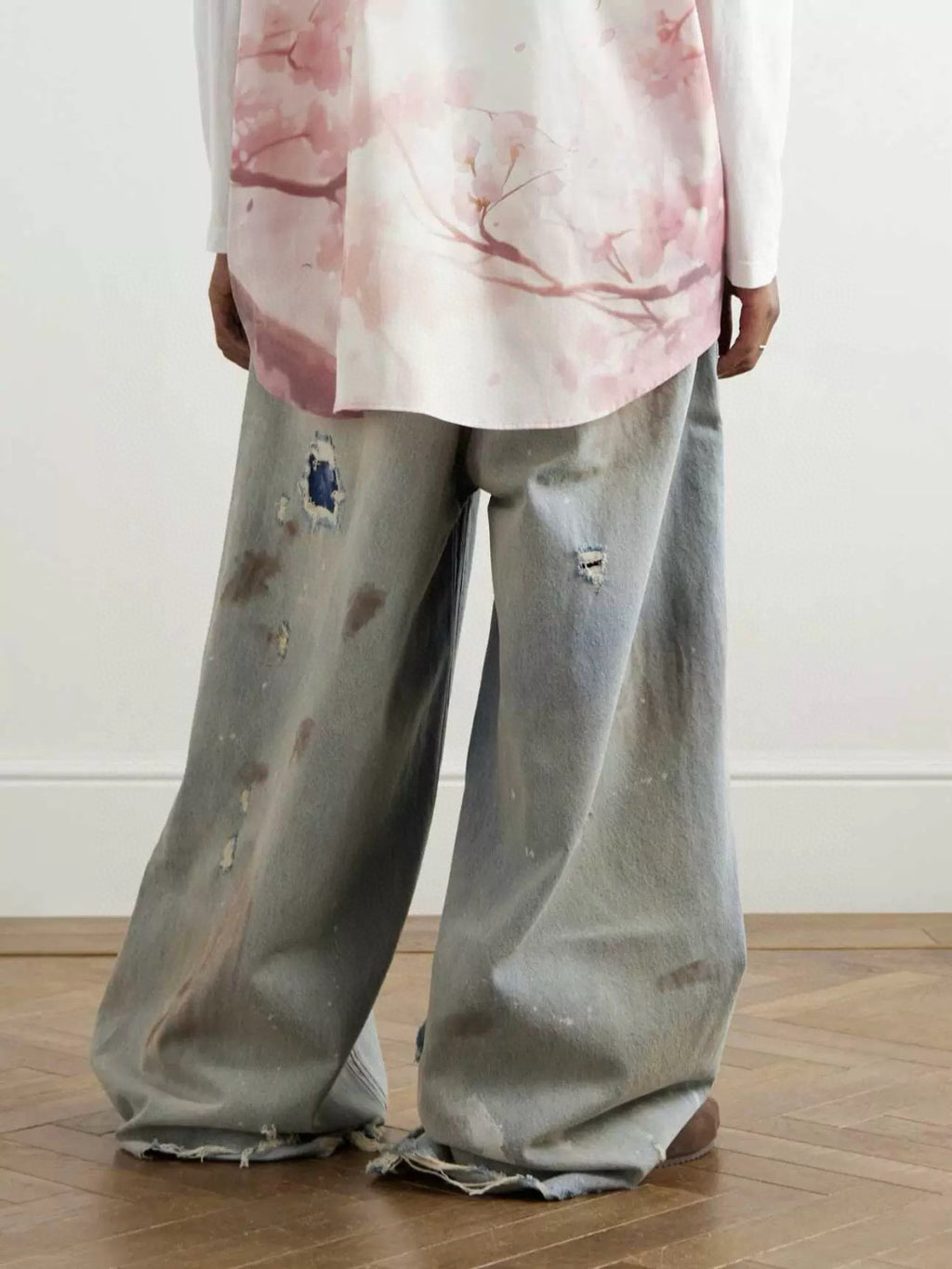Vetements Men's Four Season Mid Rise Solid Color Distressed Holes Jeans Casual Cotton Loose Wide Leg Pants Ngvp #1211