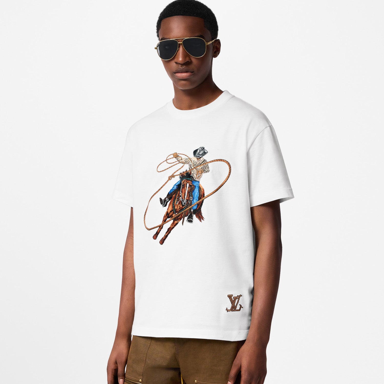 Louis Vuitton Men's Summer Cowboy Logo Pattern Print Embroidery Round Neck Cotton Short Sleeve T-Shirt #72461