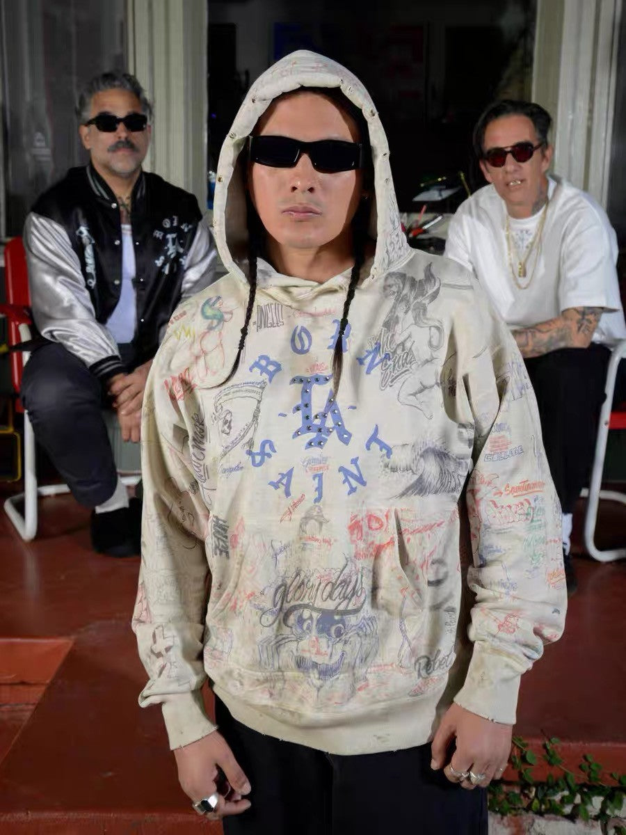 Saint Michael x Born x Raised Men's Spring And Autumn Graffiti Cotton Hooded Pullover Fitted Solid Color Long Sleeve Sweatshirt Ngvp #9284
