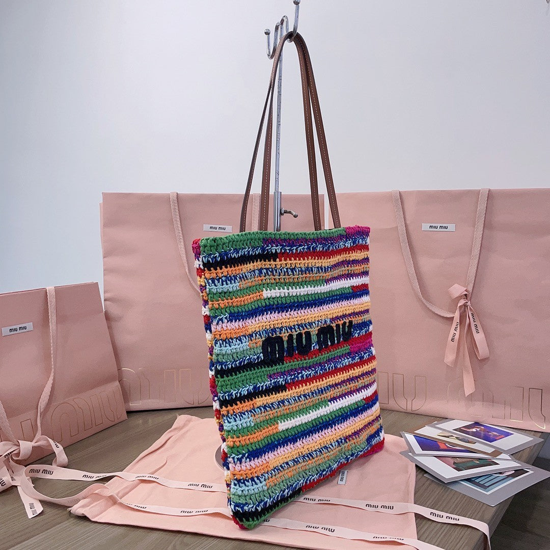 MiuMiu Women's Multicolour Embroidery Logo Crochet Shopping Bag Shoulder Handbag Tote Bags #76739