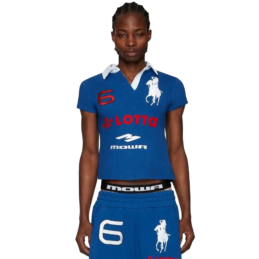 Mowalola Men's Spring Summer Opium Yvl Style Blue Black Angel War Horse Embroidery Slim Fit Polo Shirt Short Sleeve T-shirt Ngvp #81384