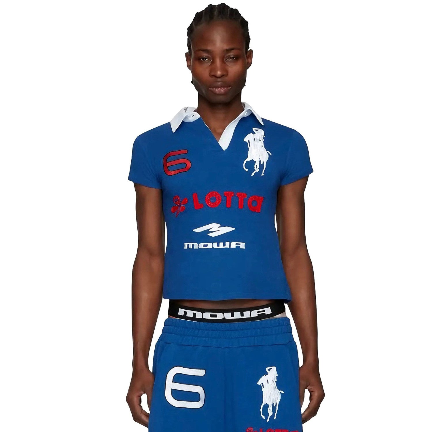 Mowalola Men's Spring Summer Opium Yvl Style Blue Black Angel War Horse Embroidery Slim Fit Polo Shirt Short Sleeve T-shirt Ngvp #81384