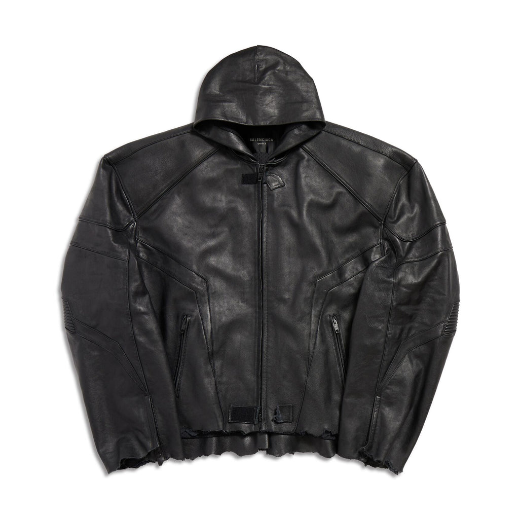 Balenciaga Men's Women's Autumn And Winter High Street Solid Color Cowhide Zipper Long Sleeve Loose BIKER Hooded Jacket Ngvp #8578