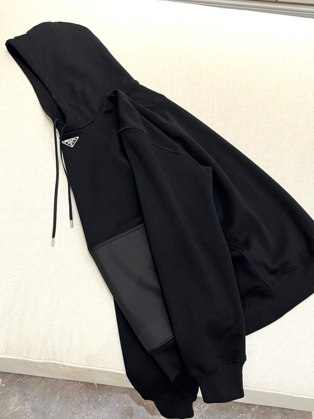 Prada Men's Spring and Fall Triangle Metal Label Black Cotton Hooded Drawstring Loose Sweatshirt Pullover #73284