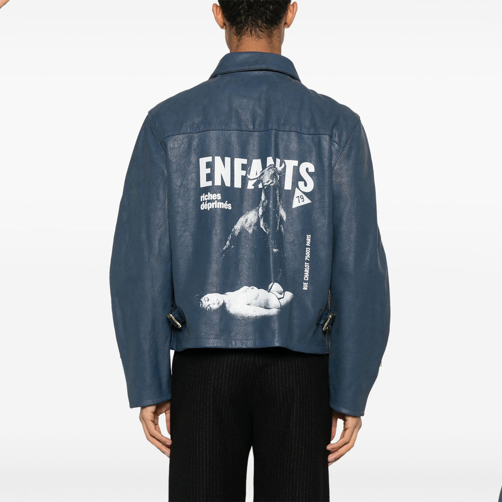 Enfants Riches Deprimes Men's Spring. Autumn And Winter Washed And Aged Crackle Pattern Printed Zipper Solid Color Long Sleeve Cowhide Jacket Ngvp #9337