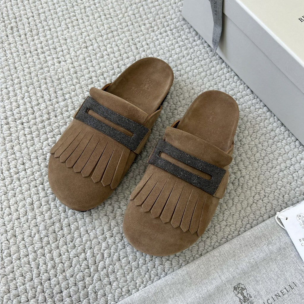 Brunello Cucinelli Monili Embellished Loafers Mule Shoes Women's Suede Slippers Solid Colour Fashion Trend Casual Comfort Slippers Sandals  Ngvp #1489