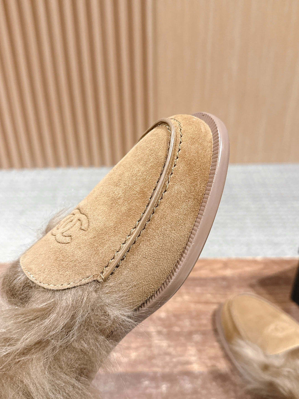 Chanel Moccasins Suede Kidskin Shearling Lambskin Brown #334371