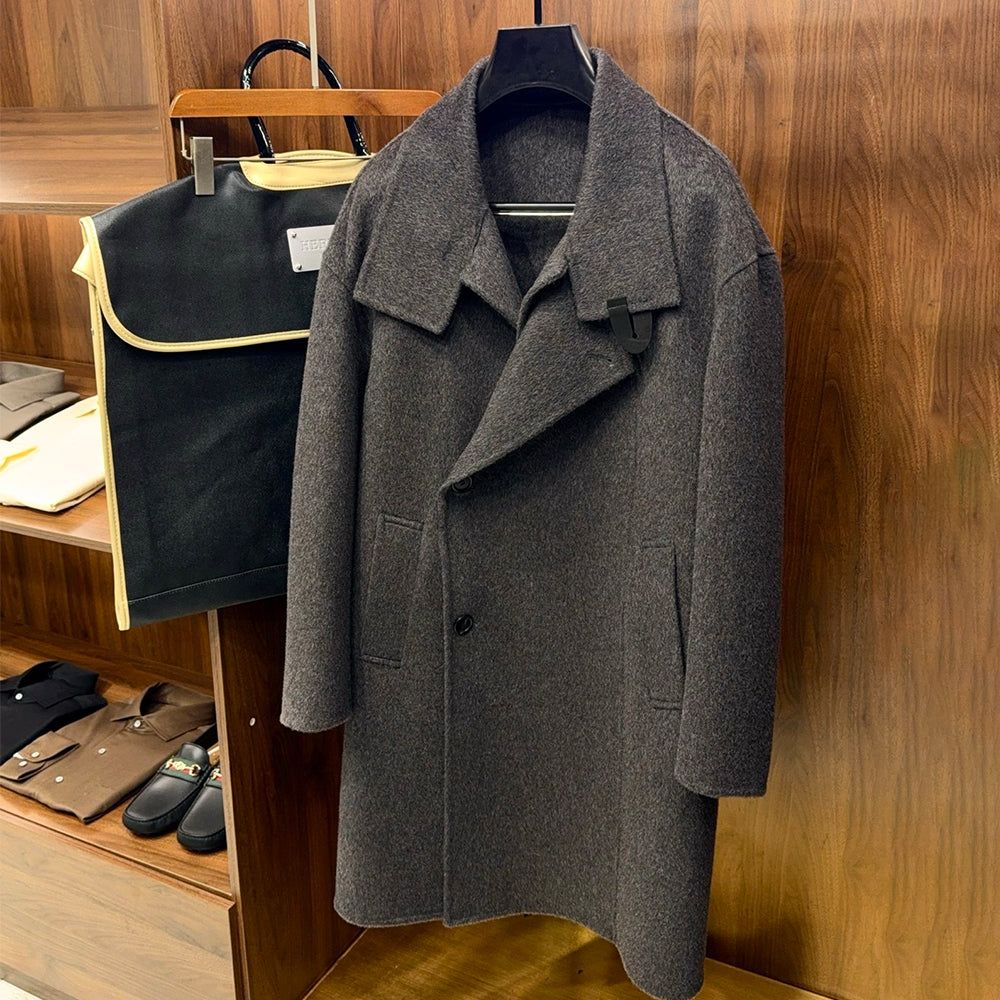 Hermes Men's Large Lapel Wool Slightly Wide Version Long Cashmere Coat #333099