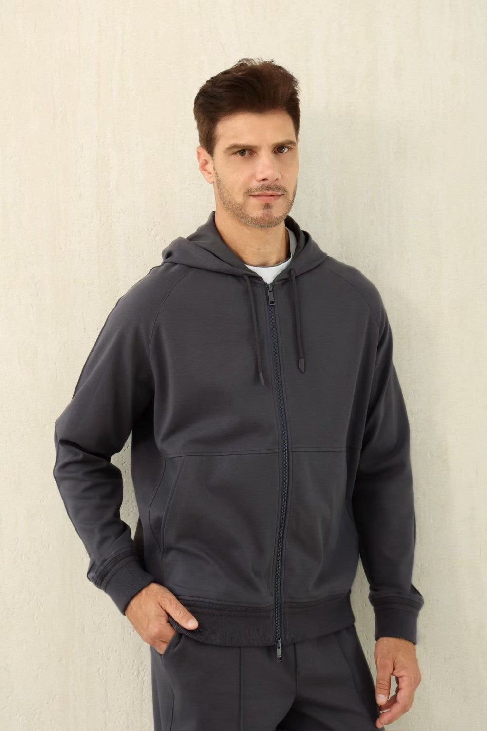 Ermenegildo Zegna Men's Spring/Fall Zipper Drawstring Hoodie Sweatshirt & Solid-Color Casual Pants Suit Set Ngvp #2352